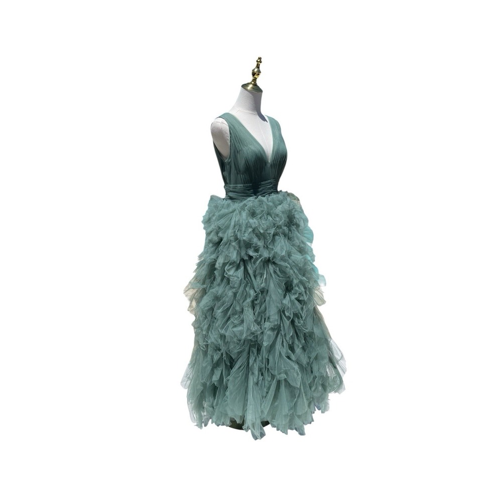 Mac Duggal 20411 Jade Green Tiered Ruffle Tulle Midi Dress Size 4 $598 - Picture 7 of 10